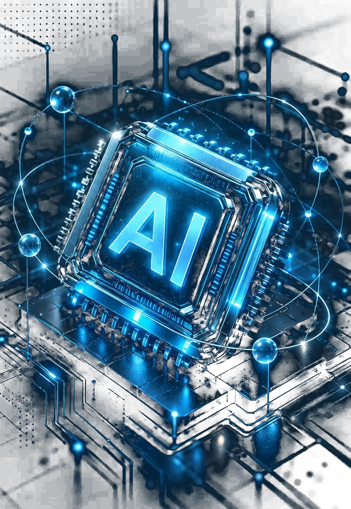 An AI processor lit from within, orbited by data paths, seated on a circuit board