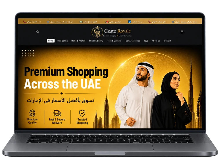 Cesto Royale Shopify storefront shown on a laptop, reading 'Premium Shopping Across the UAE'