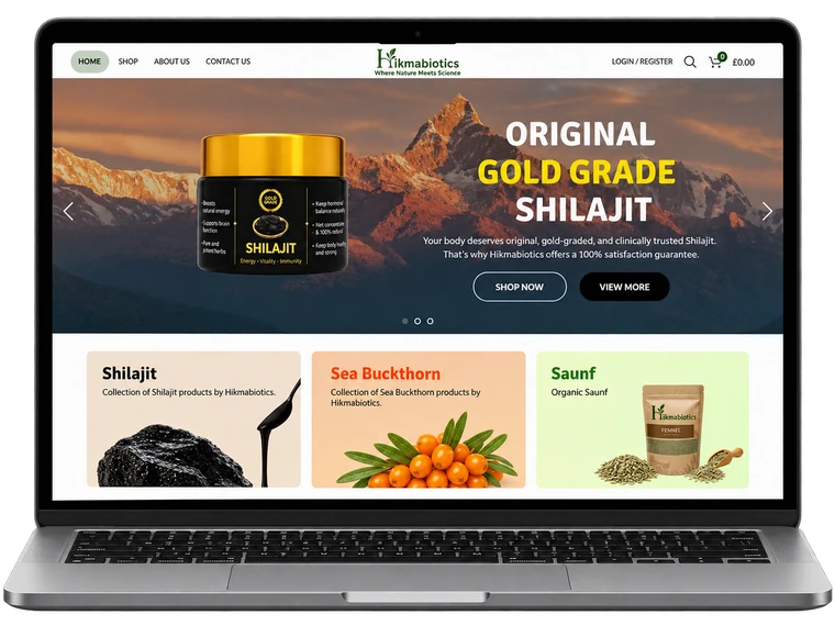 Hikmabiotics website homepage shown on a laptop, featuring the Original Gold Grade Shilajit hero banner