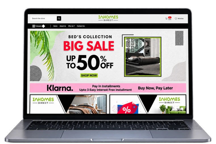 InHomes Direct storefront homepage shown on a laptop, featuring the Bed's Collection sale banner