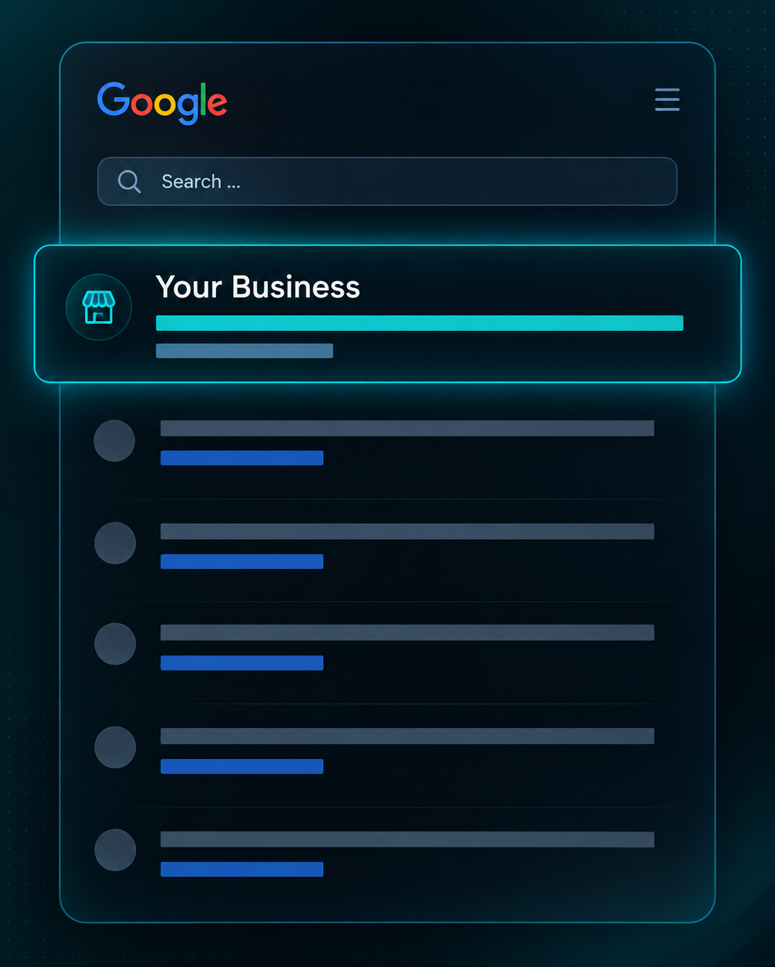 A mock Google search results page highlighting a business ranking in the top local search result