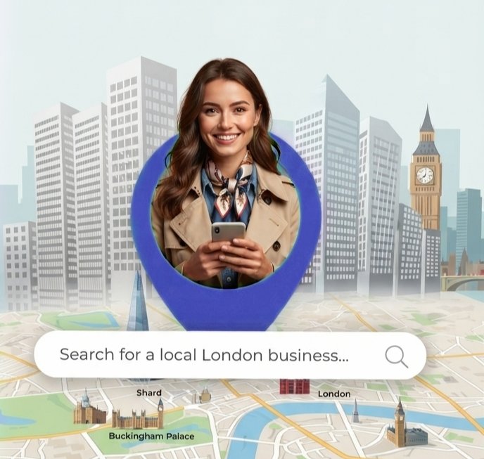 A customer searching for a local London business on her phone, shown against a map pin and city landmarks