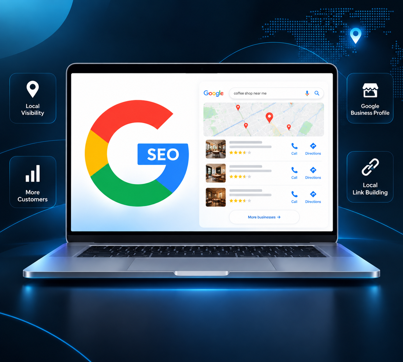 A laptop showing a Google local search results page for 'coffee shop near me', surrounded by Local Visibility, Google Business Profile, More Customers and Local Link Building callouts