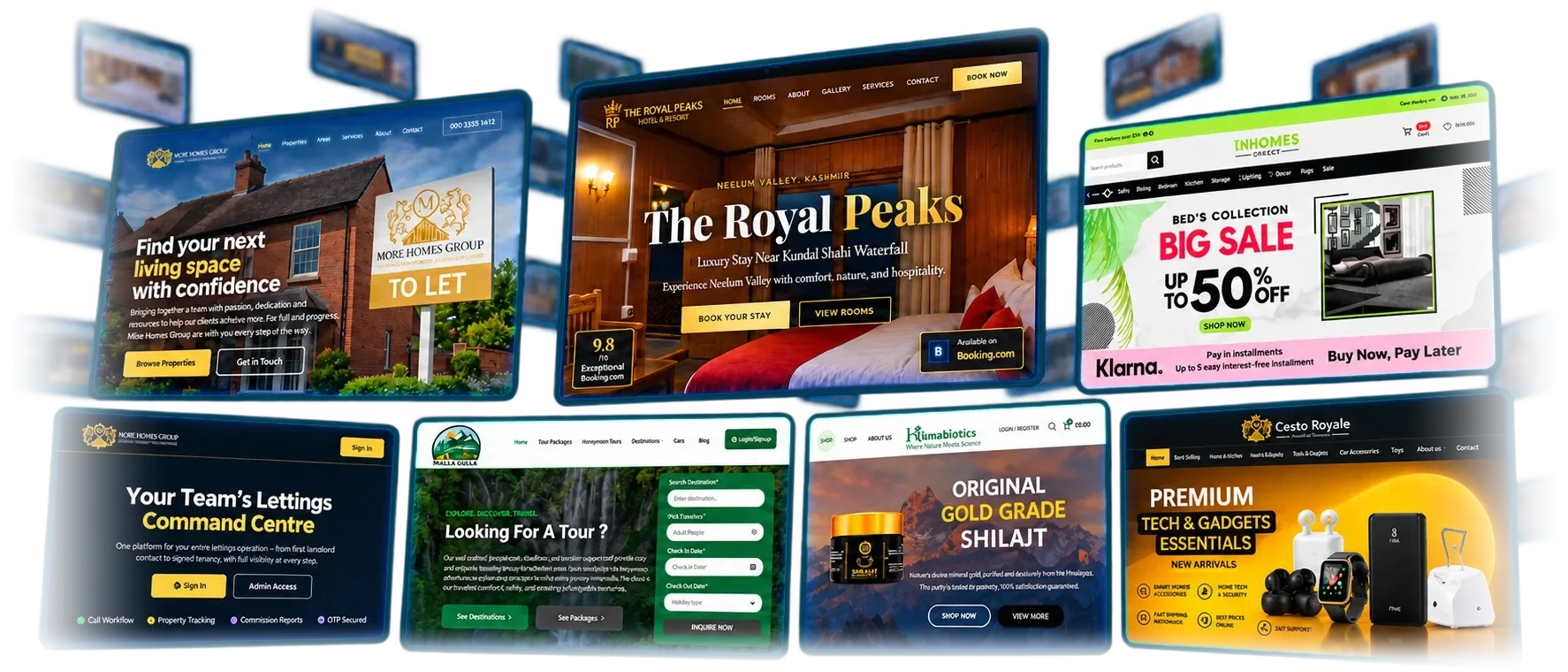 A collage of recent Cesto Technologies builds — More Homes Group lettings, The Royal Peaks hotel, InHomes Direct, the MHG Portal, Halla Gulla tours, Hikmabiotics and Cesto Royale — with further project screens receding either side