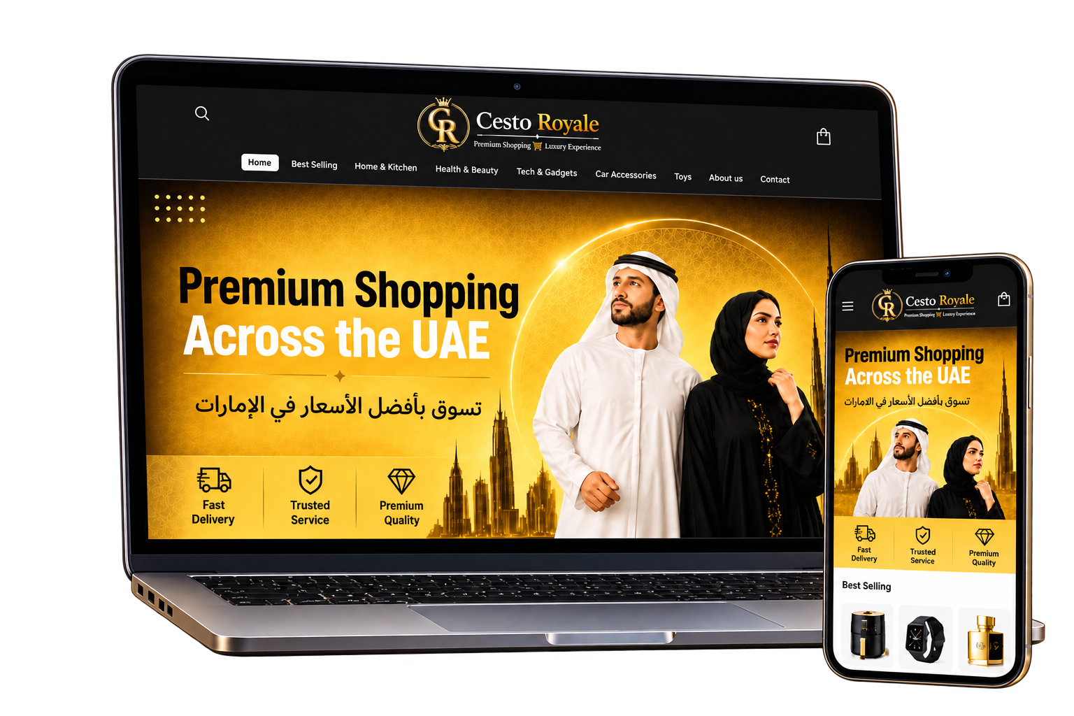 Cesto Royale luxury Shopify store shown on a laptop and phone, with panels highlighting Shopify store setup, custom design, product categories, mobile responsiveness, secure checkout and payment integration
