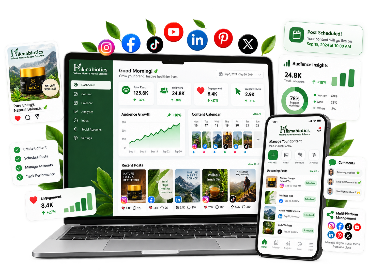 Hikmabiotics social media management dashboard on a laptop and phone showing audience growth, content calendar, recent posts, engagement and audience insights across Instagram, Facebook, TikTok, YouTube, LinkedIn, Pinterest and X
