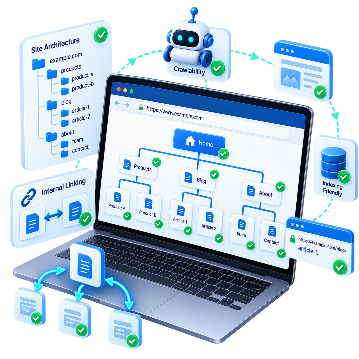 A laptop showing a site architecture tree with pages, a crawlability robot, indexing and internal linking between pages
