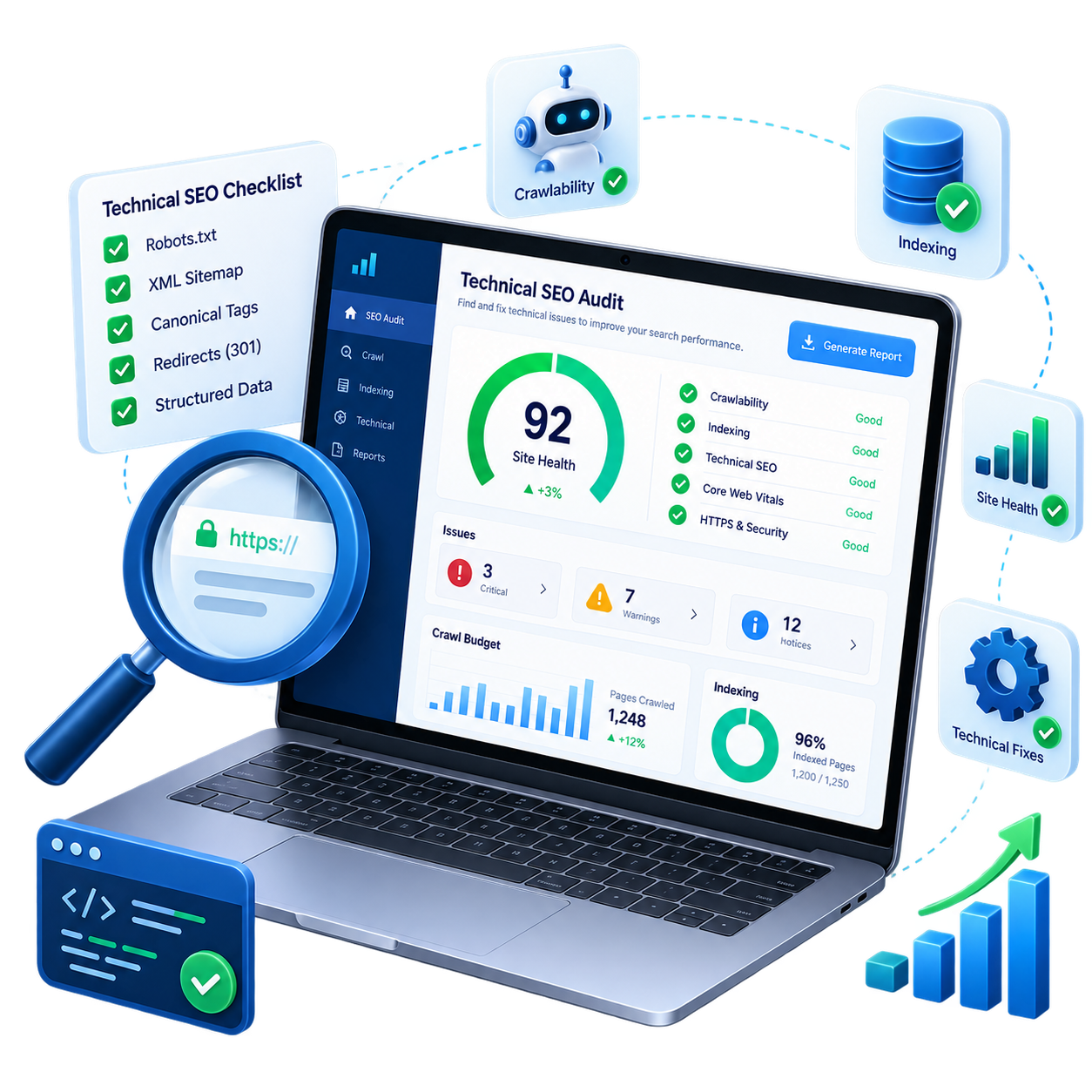 A laptop showing a Technical SEO Audit dashboard with site health score, crawlability, indexing, Core Web Vitals and HTTPS security checks