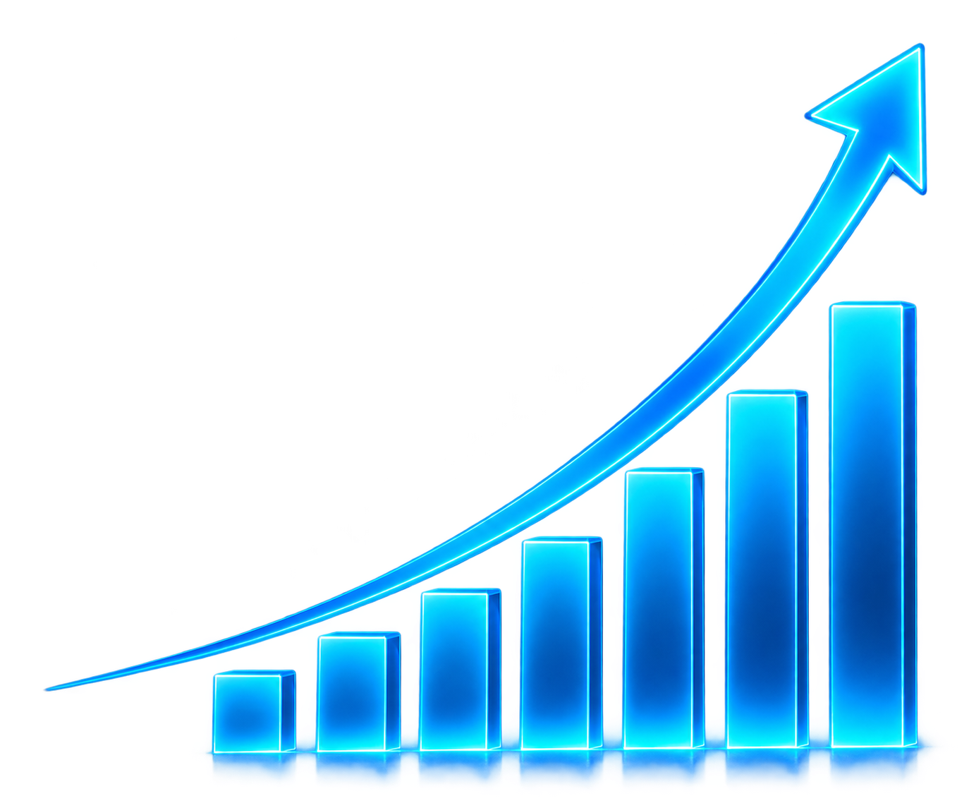 Glowing blue bar chart with a rising arrow, showing steady upward growth