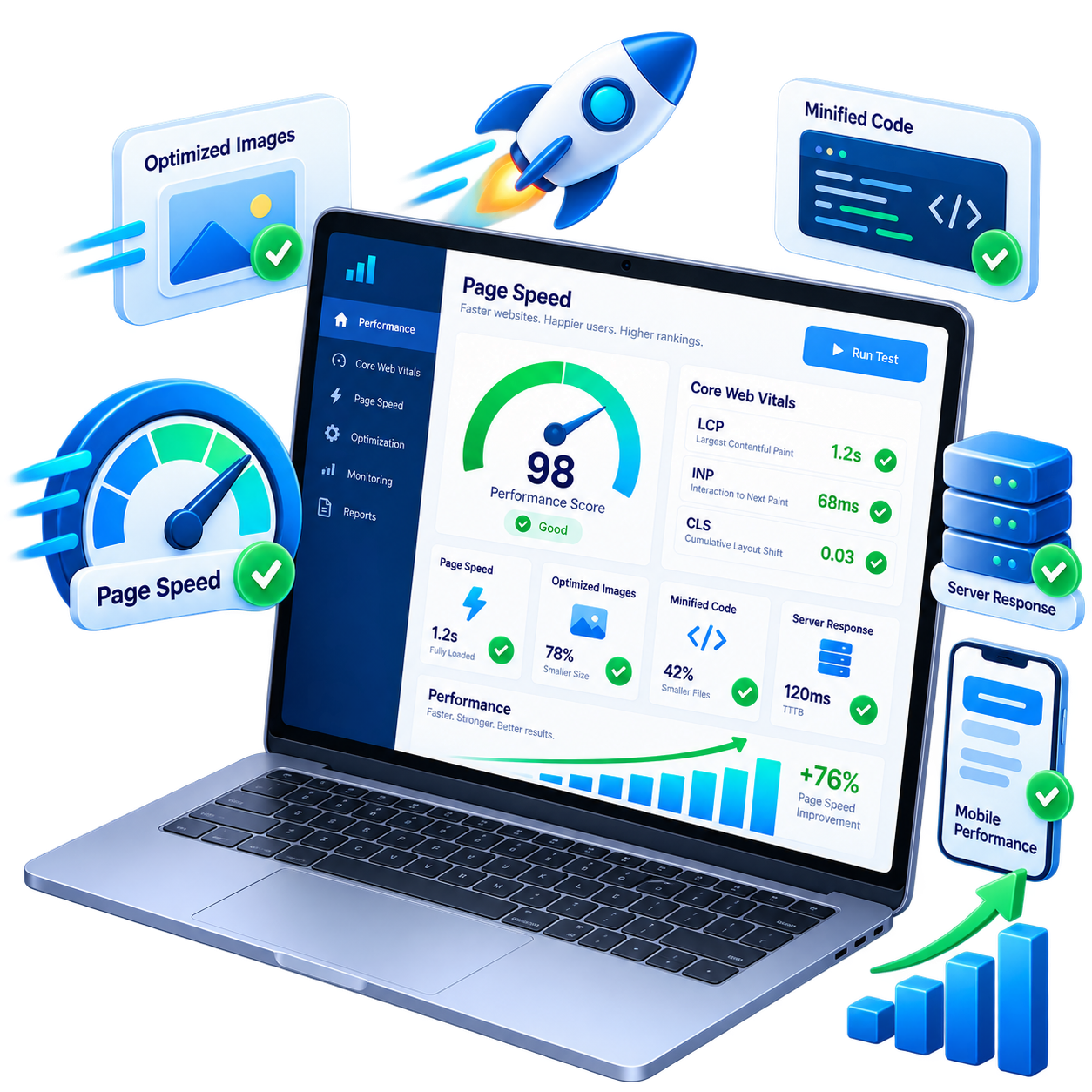 A laptop showing a page speed dashboard with a 98 performance score, Core Web Vitals, optimised images, minified code and server response time, next to a rocket