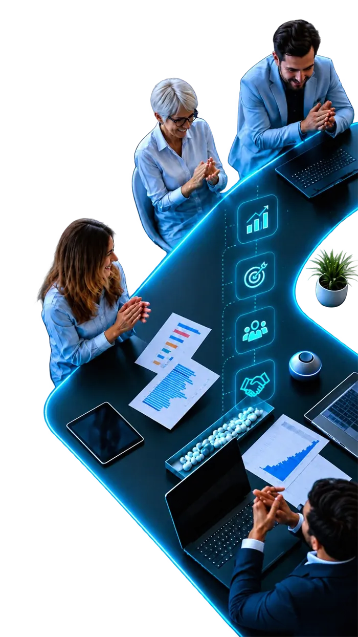 Team reviewing growth charts and dashboards around a glowing conference table, with icons for growth, targeting, collaboration and partnership floating above the surface